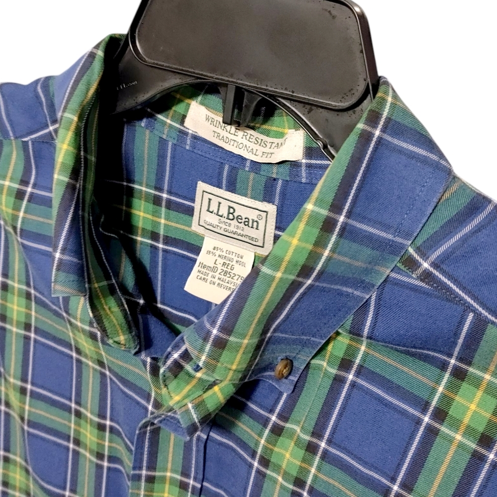 L.L. Bean Blue Green Plaid Long Sleeve Button Down Shirt Mens Size Large L - Picture 5 of 10